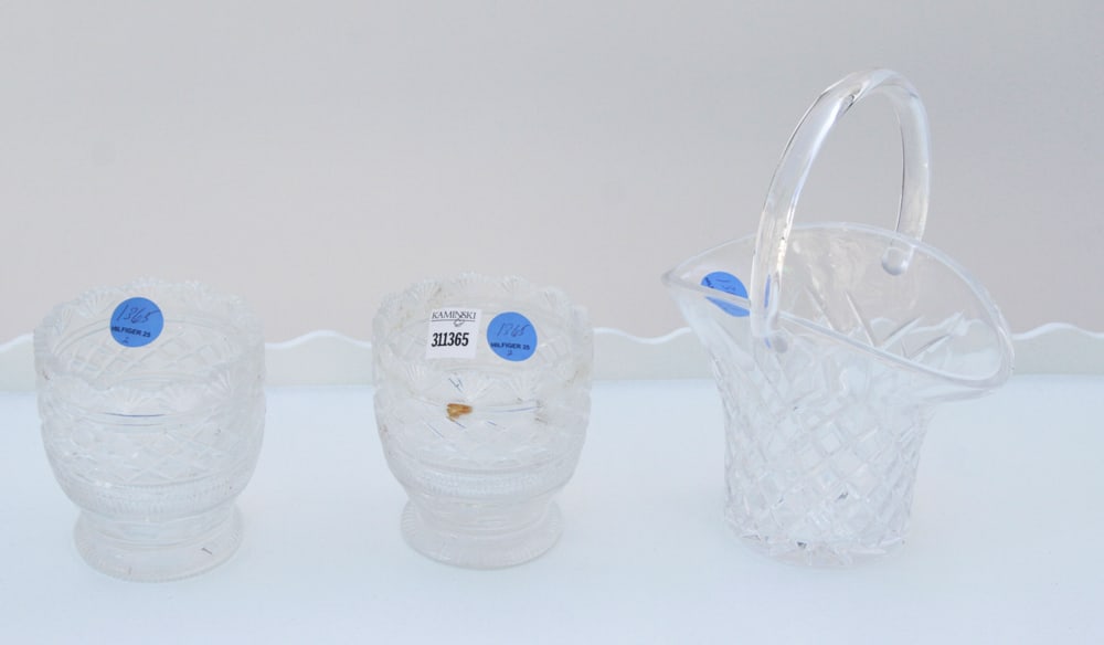 William Yeoward Cut Glass Urns, Crystal Basket: William Yeoward cut glass urns, 4" x 4", good condition, with crystal basket, 10". Lot of (3). Provenance: The Susie Hilfiger Collection.