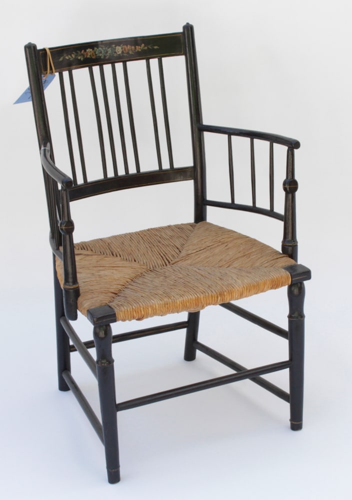 19thC Country Stenciled Armchair with Rush Seat: 19th century country stenciled armchair with rush seat. Provenance: The Susie Hilfiger Collection.