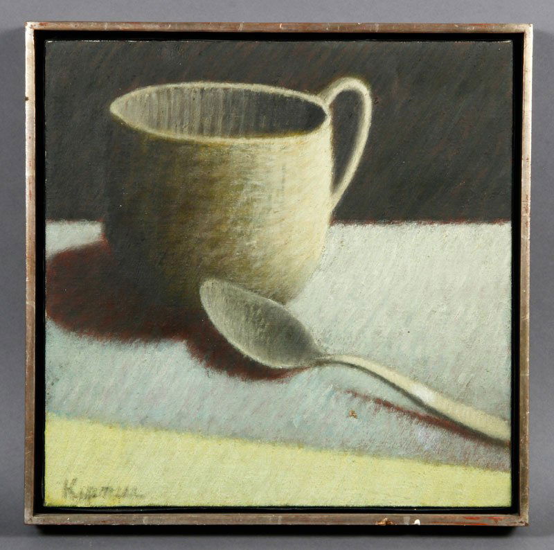 Kipniss, Still Life, O/C: Robert Kipniss (American, b. 1931), still life with cup and spoon, oil on canvas, signed lower left, 11"sq, 11 3/4"sq (frame). Wear to frame, Dain/Schiff framing label verso. Provenance: from the esta