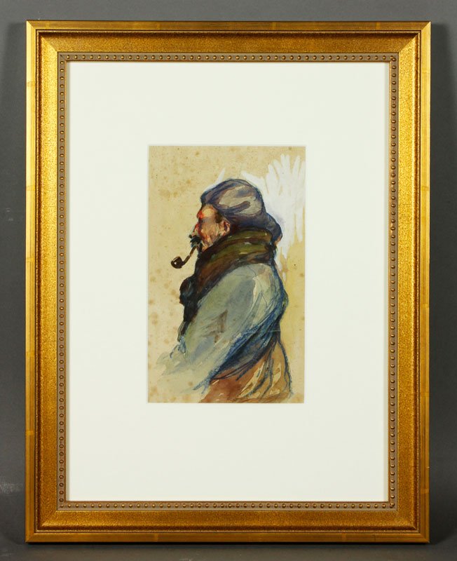 Portrait of a Man, M/M: Portrait of a man with a pipe, mixed media on paper, labeled Jacques Daufin with a certificate of authenticity, 8 1/2" x 5 1/4", 17 1/4" x 13 1/4" (frame). Provenance: from a Florida collection.