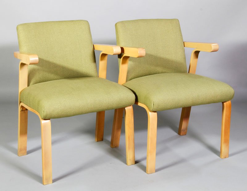 Pair of Knoll Armchairs: Pair of Knoll armchairs, bentwood and beech frames, newer green upholstery, circa 1960's/1970's, 32" h x 21 3/4" w x 23 1/2" d.