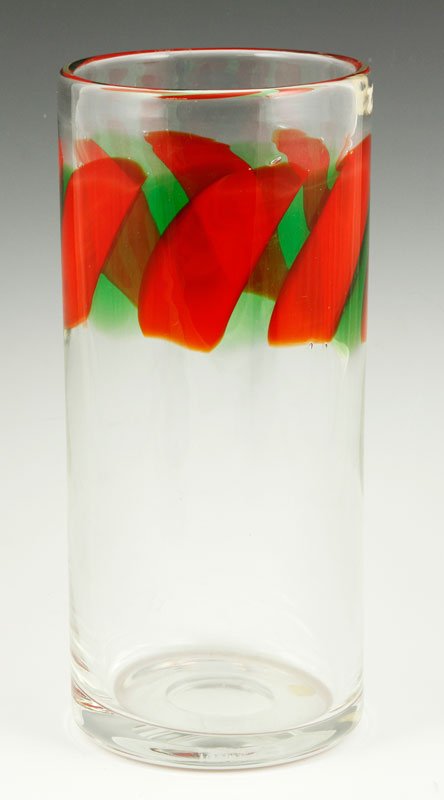 Orvola Art Glass Vase: Heikki Orvola for Nuutajarvi Glass, Finland, art glass vase, clear with green and red stripes, signed on the base, circa late 1960's/early 1970's, 9 1/2"h. Provenance: from a Manchester by the Sea, Ma