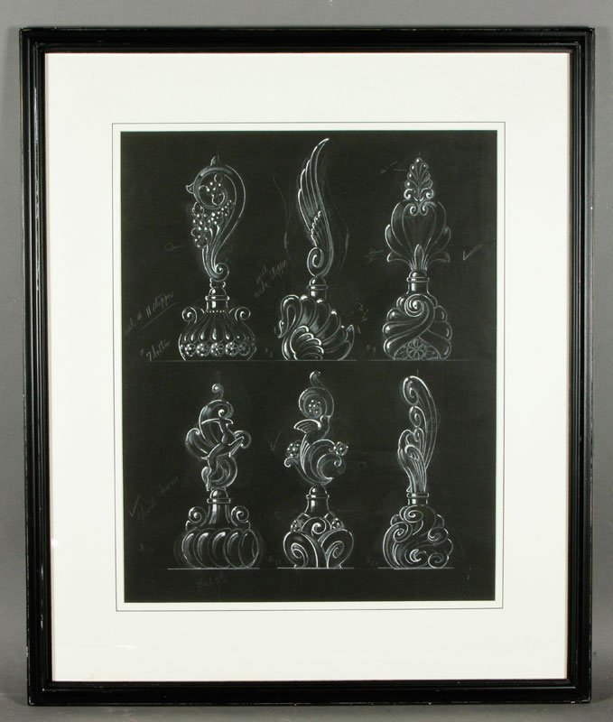 Greene, Perfume Bottle Designs, MM: Frederick E Greene, rendering perfume bottle designs, conte, gouache and pencil, unsigned, 15 3/4"h x 14"w (view), 25 1/2"h x 21 1/2"w (frame). Provenance: from a Salem, Massachusetts collection.