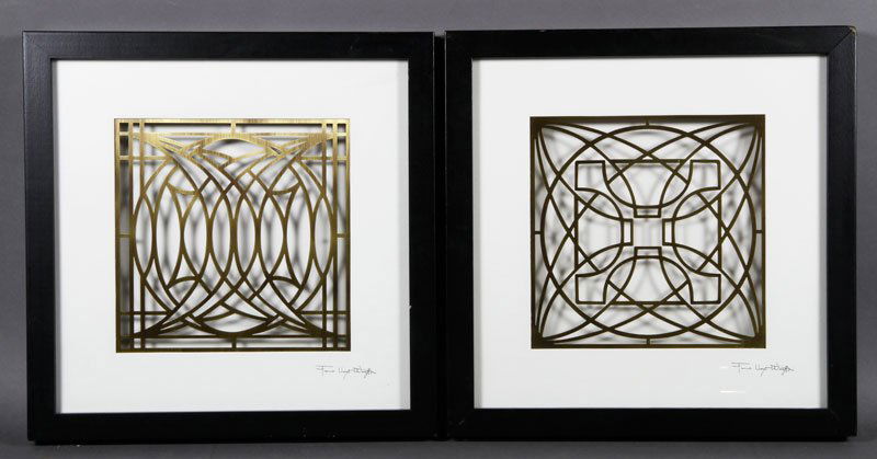 Pair of Frank Lloyd Wright Foundation Shadowboxes: Pair of shadowboxes, Frank Lloyd Wright Foundation, certified design adaptation entry sidelight, George Blossom House, perforated brass sheet, framed, float mounted, on a signature stamped white mat w