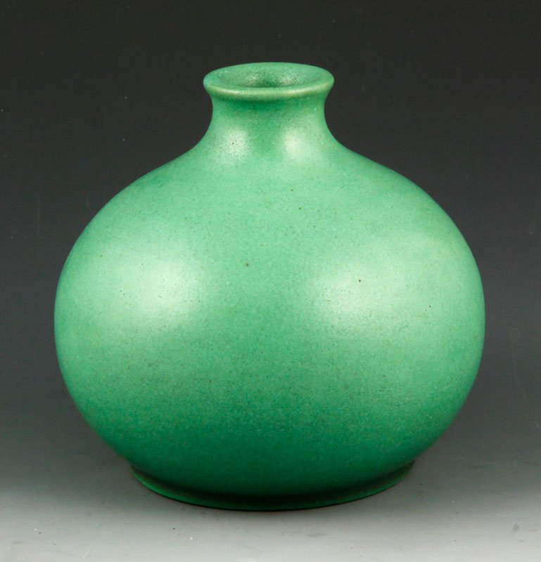 Small Teco Vase: Teco vase, small swollen form, impressed mark on base, circa 1910, 4 1/2"h. Provenance: from a Newton, Massachusetts collection.