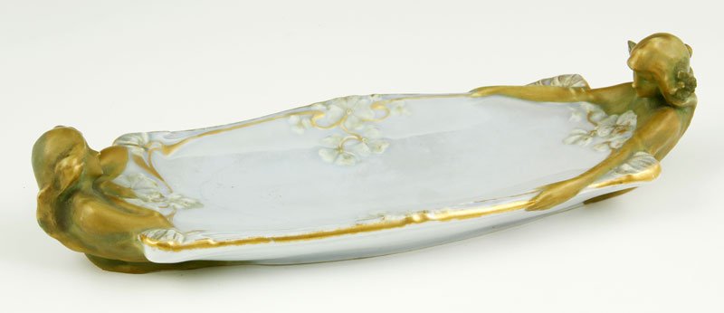 Amphora Art Nouveau Tray: Amphora Art Nouveau tray with two women around a pool, base marked, 2 1/2"h x 11"w x 4 1/4"d. Provenance: from a Newton, Massachusetts collection.