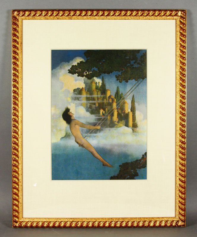 Parrish, Boy on Swing, Print: Maxfield Parrish, boy on a swing with castles in the background, print, signed in plate, 14 3/4"h x 10 3/4"w (view), 24 1/2"h x 19 1/2"w (frame).