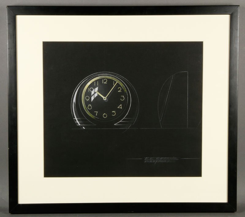 Greene, Clock Design, Drawing: Frederick E Greene, clock design, rendering, conte, gouache and pencil, signed lower right, Westport (CT), circa 1930, 11 3/4" x 13 3/4", 18" x 20" (frame). Provenance: from a Salem, Massachusetts col