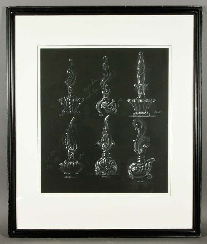Greene, Perfume Bottle Designs, MM: Frederick E Greene, rendering perfume bottle designs, conte, gouache and pencil, unsigned, 17 1/2"h x 13 3/4"w (view), 25 1/2"h x 21 1/2"W (frame).