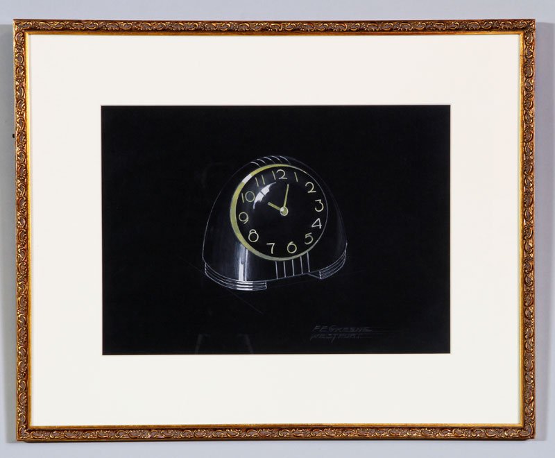 Greene, Clock Design, MM: Frederick E Greene, clock design, rending, conte, gouache and pencil, signed lower right, Westport (CT), 10"h x 14"w (view), 17"h x 21"w (frame). Provenance: from a Salem, Massachusetts collection.