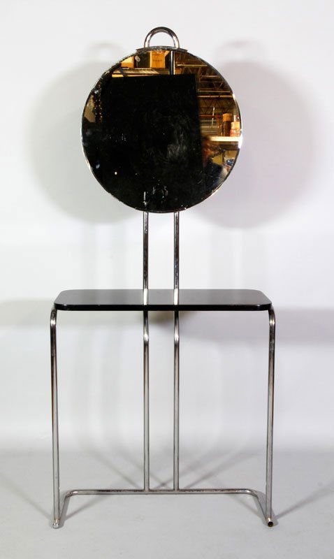 Hoffman for Howell Mirrored Console: Wolfgang Hoffmann for Howell, mirrored console of chrome tube, and enameled wood, American made, circa 1930's, 70 3/4"h x 31"w x 14 1/4"d. Hoffmann was the son of the famous Weiner Werkstatte founder