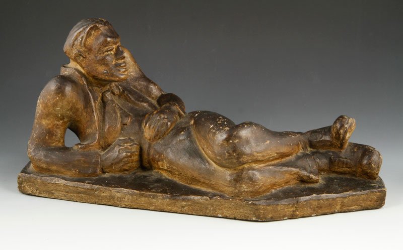 Exceptional WPA Era Sculpture: Exceptional WPA era cast and patinated concrete sculpture, reclining man, base signed and dated 1942 (DeCoure), 7 3/4" h x 16" l x 6 1/2" d.