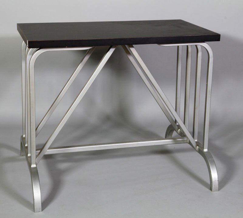 Goodform Console Table: Goodform high console table, with square tube aluminum base and rectangular top with black laminate, circa 1940's, 30 1/2" h x 35 3/4" w x 19 3/4" d.
