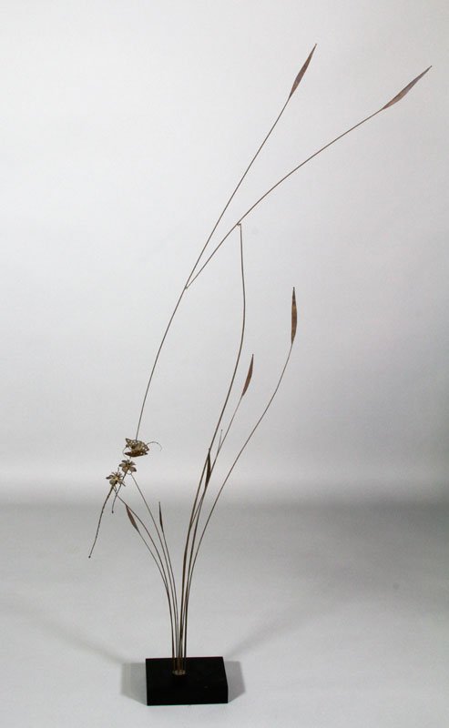 Turnbull, Kinetic Sculpture, Bronze: James Turnbull (Woodstock, NY artist), kinetic sculpture with leaves, flowers and insects, bronze on base, base signed 'Turnbull', approximately 56"h.