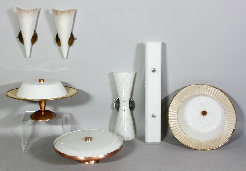 American Mid C. Modern Lighting: Group of seven American mid-century Modern lighting to include two wall sconces, one bowtie shaped wall lamp, one rectangular wall lamp, two ceiling fixtures with perforated shades, one ceiling lamp h
