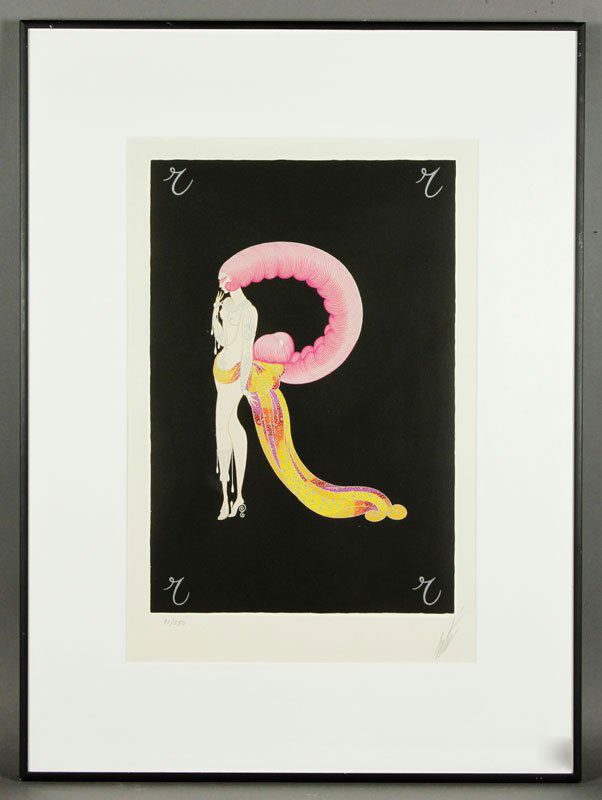 Erte, Women in Deco Dresses, Screenprint: Erte screen-print, letter R, women with trailing art deco dresses, 91/350 numbered and signed lower margin in pencil, 18" h x 12" w view, 26 1/4" h x 19 1/2" w framed.