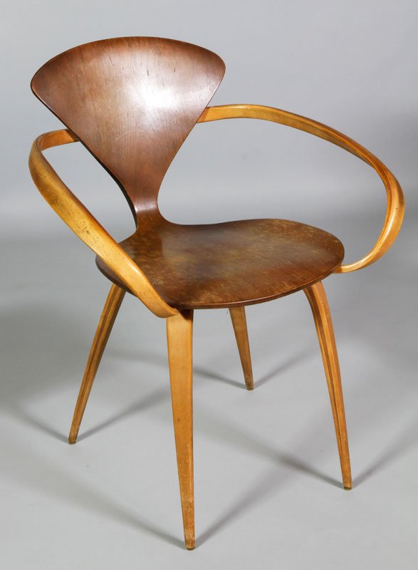 Goldman for Plycraft "Ribbon Chair": Paul Goldman/Norman Cherner for Plycraft "Ribbon Chair", 1957, 31"h x 23 1/2"w x 22 1/2"d. Light scratching/losses to finish, no fractures, glides intact. Provenance: from a Newton, Massachusetts coll