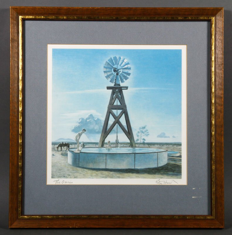 Hurd, "The Oasis," Lithograph: Peter Hurd, "The Oasis," lithograph, 10" h x 10" w (view), 16 3/4" h x 16 3/4" w (frame).