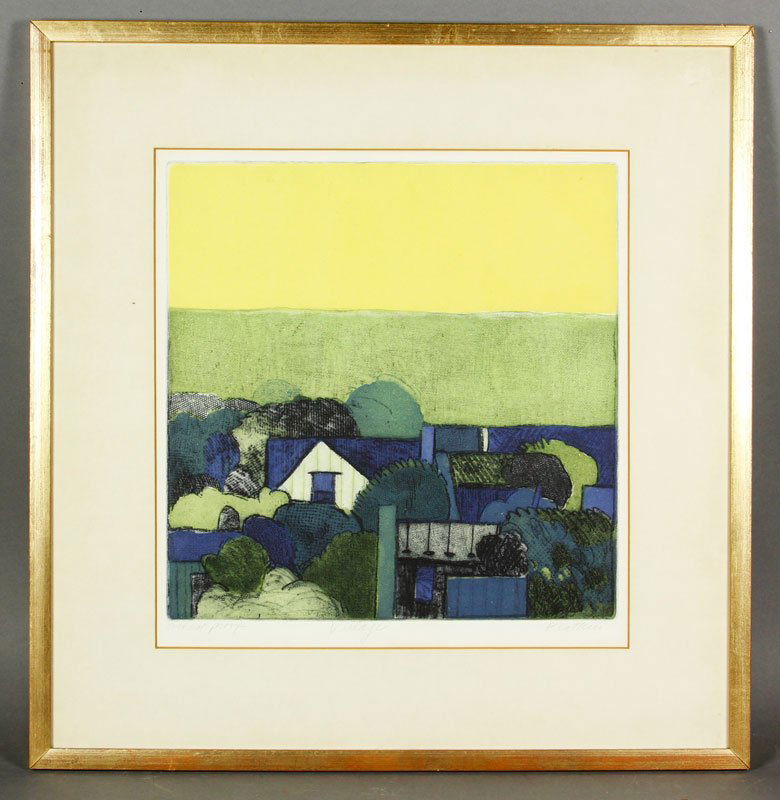 Artist's Proof Print, "Village": Artist's proof print, "Village", signed indistinctly, Associated American Artists label verso, 12 3/4"h x 12 1/4"w, 19 3/8"h x 18 3/4"w (frame). Provenance: from the estate of Robert C. Brooks, Portla