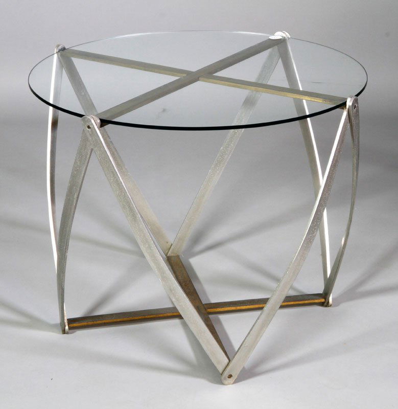 Vesey Mid-Century Modern Side Table: John Vesey Mid-Century Modern side table, stainless steel with brass strip and round glass top, 19 1/2" h x 23 3/4" dia.