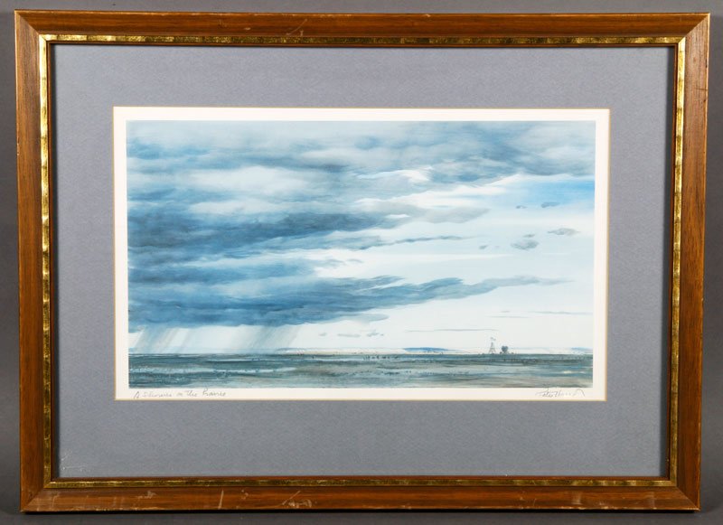 Hurd, "A Shower on the Plains," Lithograph: Peter Hurd, "A Shower on the Plains," lithograph, 8" h x 14" w (view), 14 3/4" x 20 1/4" (frame).