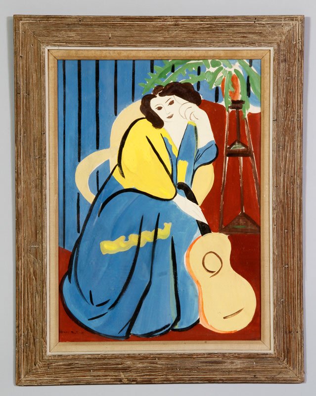 In the Manner of Henri Matisse, "Woman in Blue Dress wi: In the manner of Henri Matisse, "Woman in Blue Dress with Guitar," original frame, watercolor/gouache, 27" h x 19 1/2" w (view), 35" x 28" (frame).