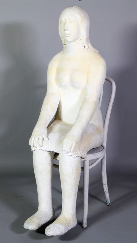 Female Figure on a Chair, Plaster.: Female figure seated on a chair, plaster on painted chair in the manner of George Segal, (1870-1952) circa 1960's, figure approximately 53" h.