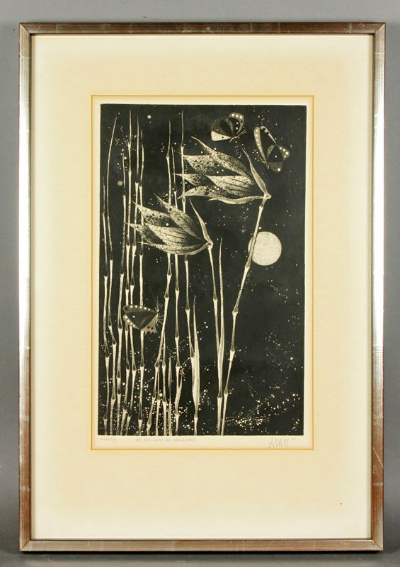 Avati, "Les Papillons de Nagasaki", Mezzotint: Mario Avati (French, 1921-2009), "Les Papillons de Nagasaki", mezzotint, 1962, numbered Essai 1/9, titled, signed and dated lower margin in pencil, 15 1/8"h x 9 3/8"w, 22 5/8"h x 15 1/2"w (frame). Wit