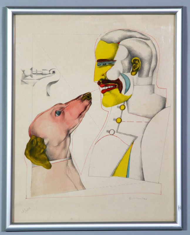 Lindner, "Man with Dog", Print: Richard Lindner (American/German, 1901-1978), "Man with Dog", print, edition 28/250, labeled verso, signed in pencil lower right, 27 1/2" x 21 1/4", 29 1/2" x 23 1/2" (frame).