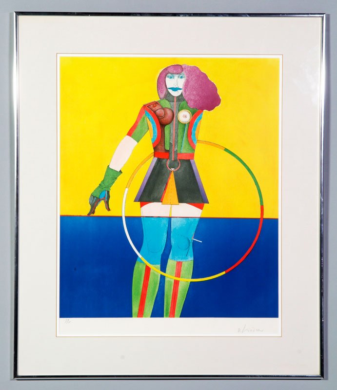 Lindner, "Girl with Hoop", Print: Richard Lindner (American/German, 1901-1978), "Girl with Hoop", print, edition 78/175, labeled verso, signed in pencil lower right, 25" x 20", 33 1/4" x 28" (frame).