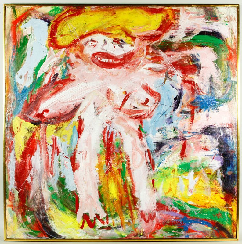 In the Manner of Wilem de Kooning, O/C: In the manner of Willem de Kooning, "Woman-Landscape," oil on canvas, signed de Kooning in lower right, reverse in pencil "Woman-Landscape 1972 de Kooning," 36" x 36" (view), 36 3/4" x 36 3/4" (frame)