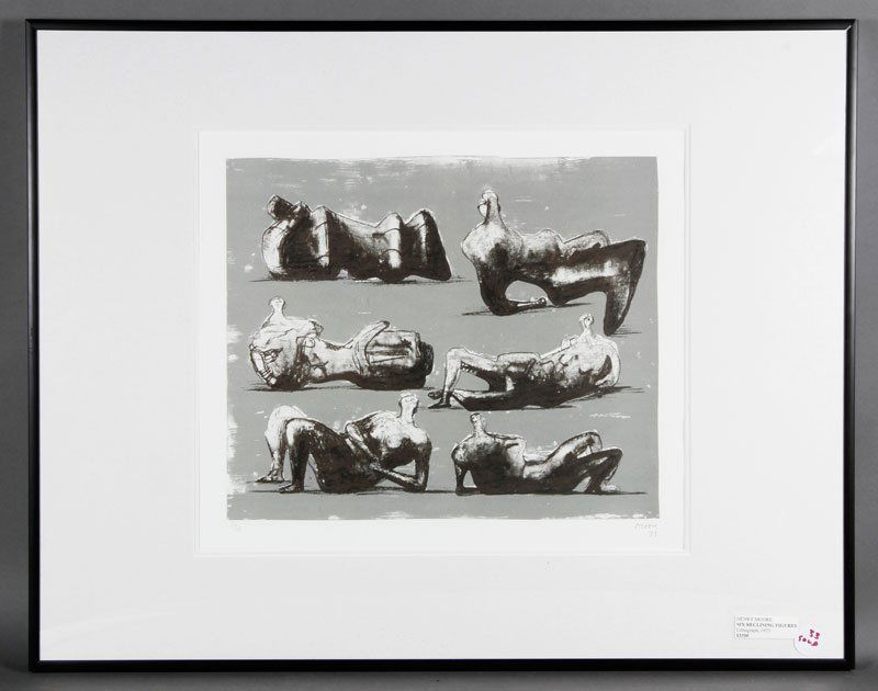 Moore, "Six Reclining Figures" Lithograph: Henry Moore (British, 1898-1986), "Six Reclining Figures", lithograph, 1973, signed and dated lower right in pencil, 14 1/2" h x 16 1/2" w (view), 22 1/2" h x 28 1/4" w (frame).