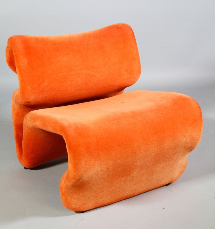 Ekselius Modern Chair: Jan Ekselius, modern chair with stretch velour cover over poly foam with bent tubular metal frame, 26 1/2"h x 25 1/2"w x x26 1/2"d. Small hole, small rips to cover.