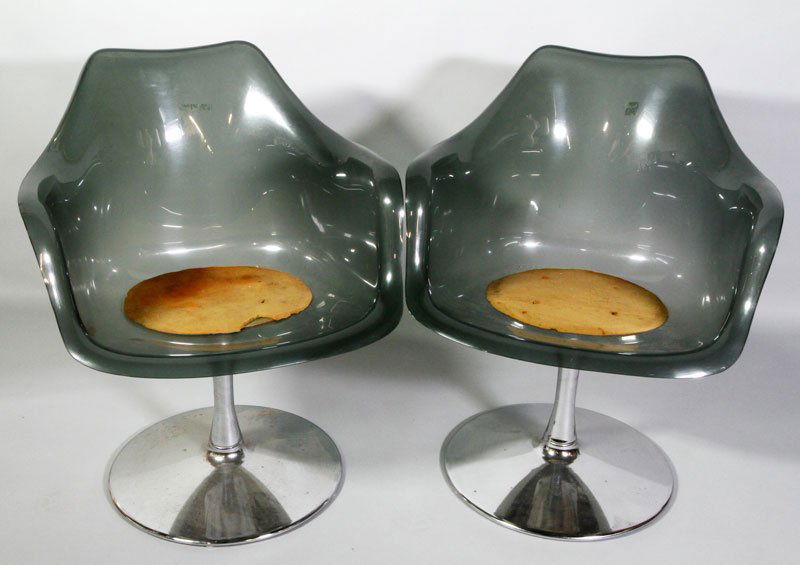 Chromcraft,2 Swivel Chairs, Chrome and Lucite: Chromcraft, lot of two swivel chairs, chrome and lucite smoke color, missing cushions, minor corrosion to base.