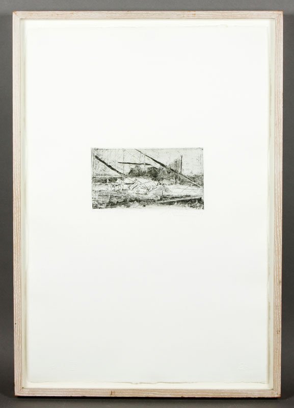 Oliviera, "Emerson Site I," Etching: Nathan Oliviera, "Emerson Site I," 30/40, etching 1979, titled, numbered, signed and dated in pencil in the lower margin, 4" h x 7" w (impression), 22" h x 14 3/4" w (sheet), 24" h x 16 1/2" w (frame)