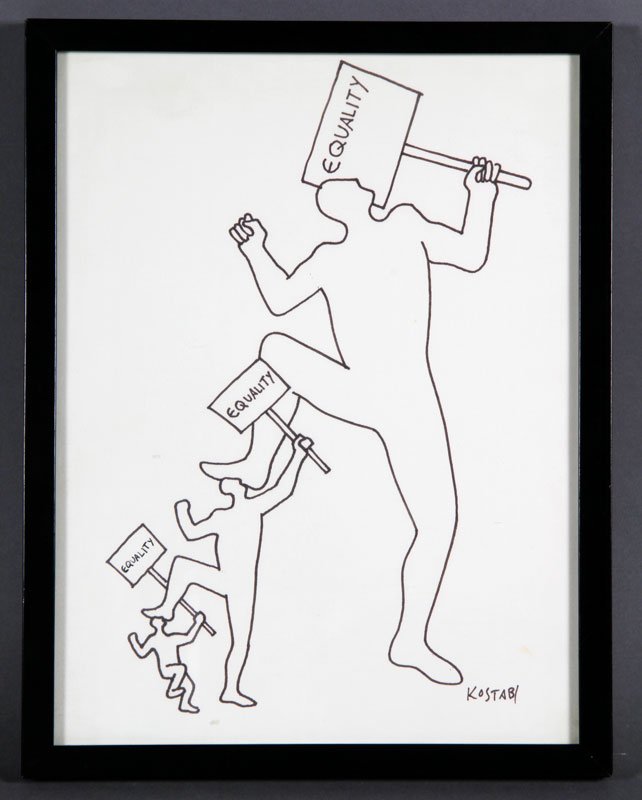 Kostabi, "Equality", Cartoon: Mark Kostabi (American, b. 1960), "Equality", cartoon, pen and sharpie, 12 1/2"h x 9 3/4"w overall.