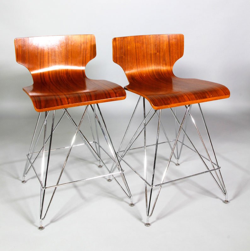 Pair of Contemporary Modern Barstools: Pair of Contemporary modern barstools, plywood seats with rosewood veneer, chrome Eiffel Tower model bases, circa 1980's, 33" h x 17 1/4" w x 18" d.