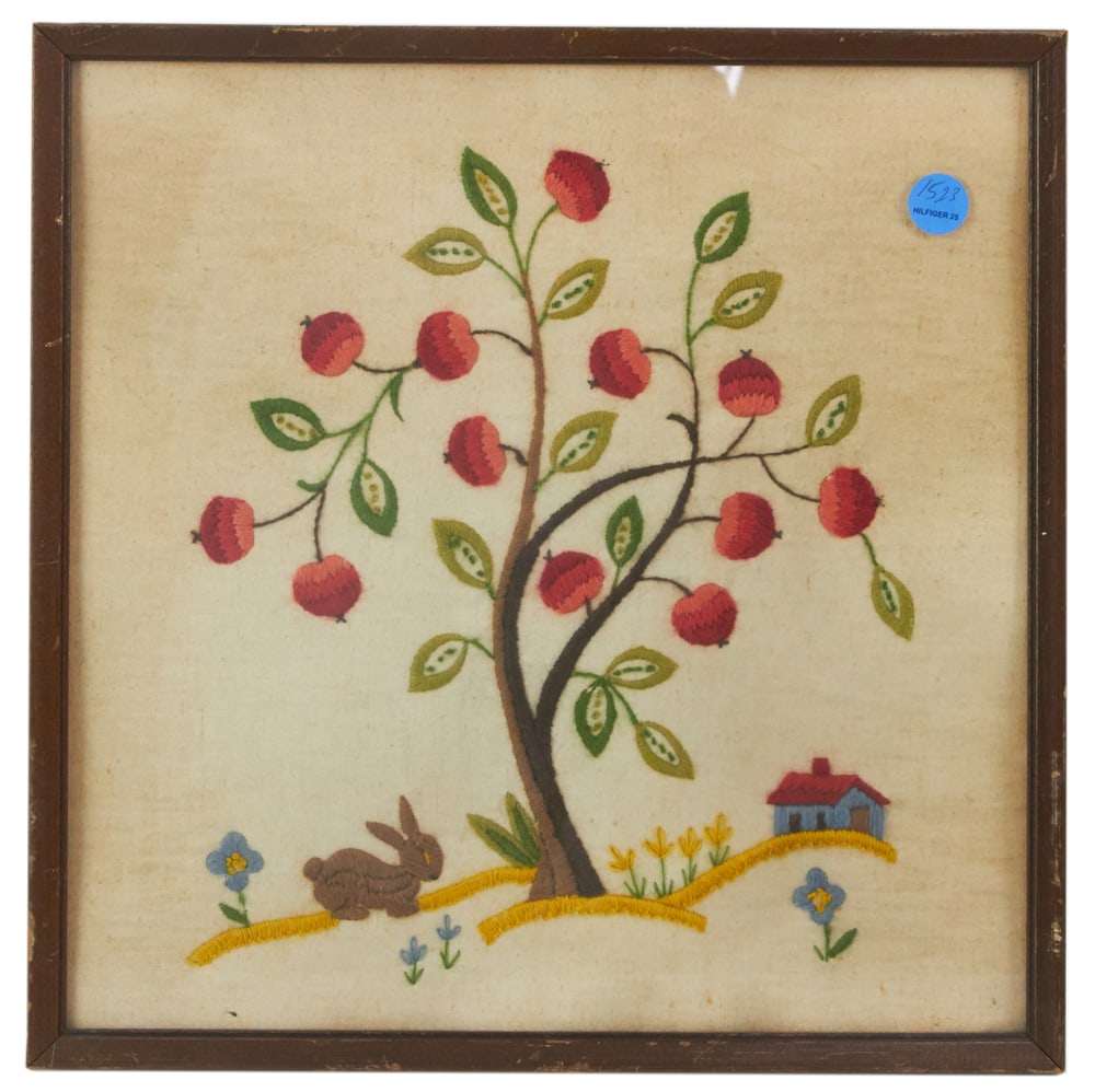 Embroidered Tree, Rabbit, Framed: Embroidered tree, rabbit, framed 17" x 17". Provenance: The Susie Hilfiger Collection.