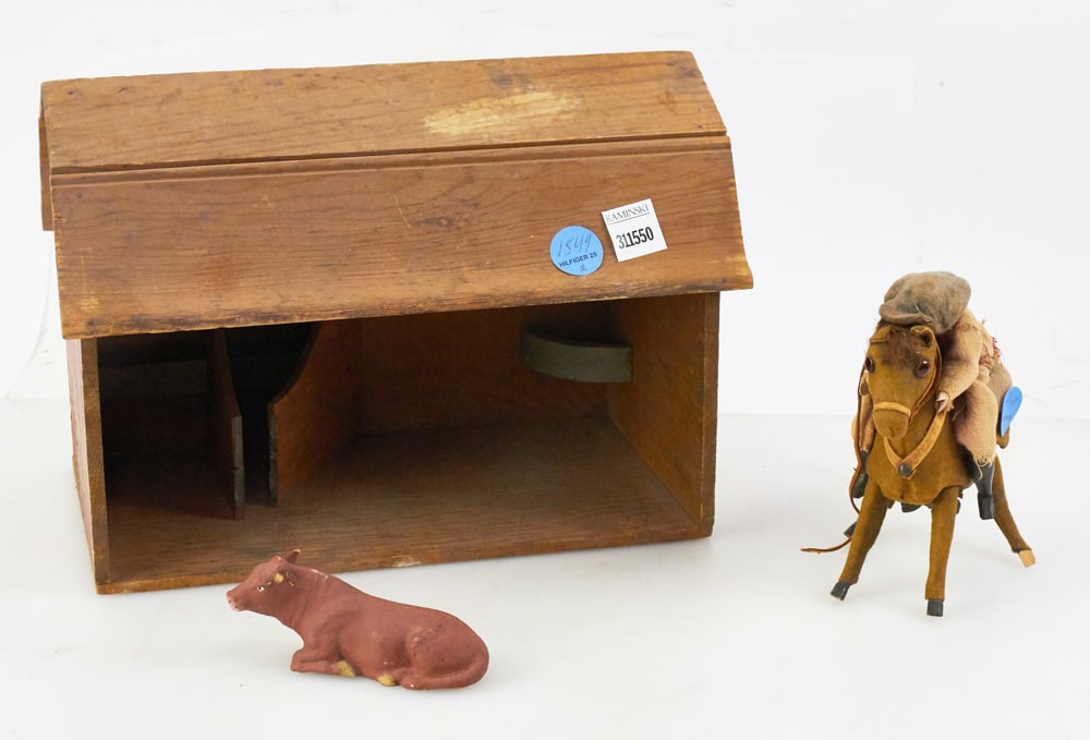 Old Barn with Wind-up Horse Toy: Old barn with wind-up horse toy, 9" x 13" x 8". Provenance: The Susie Hilfiger Collection.
