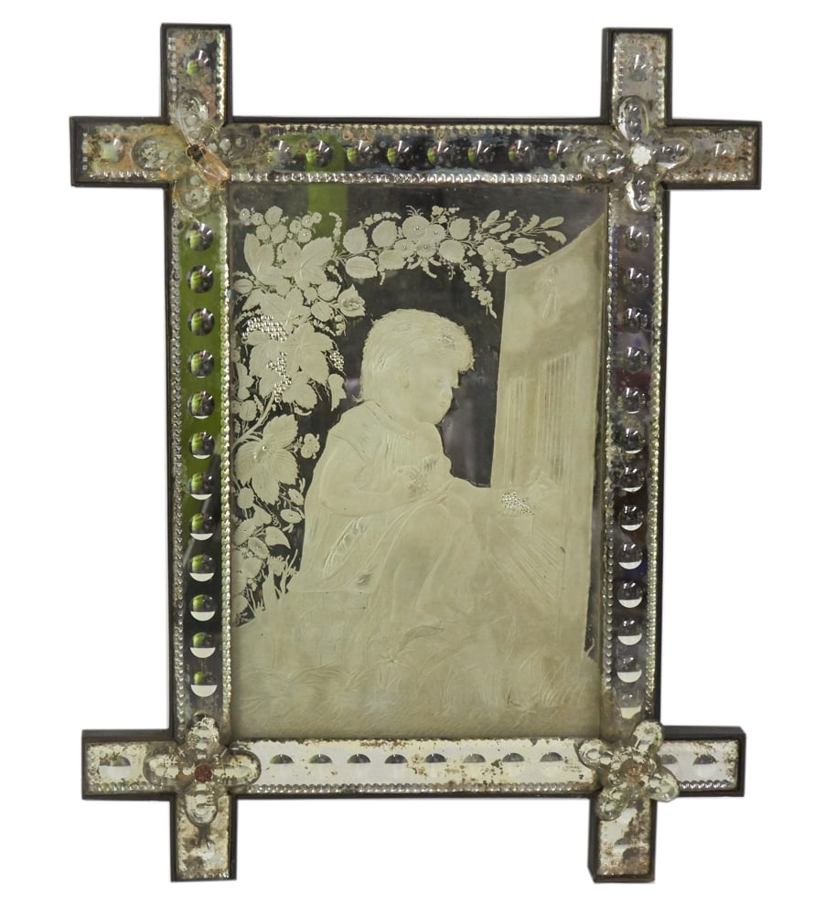 19thC French Mirror, Young Girl Feeding Hens (1 of 7)