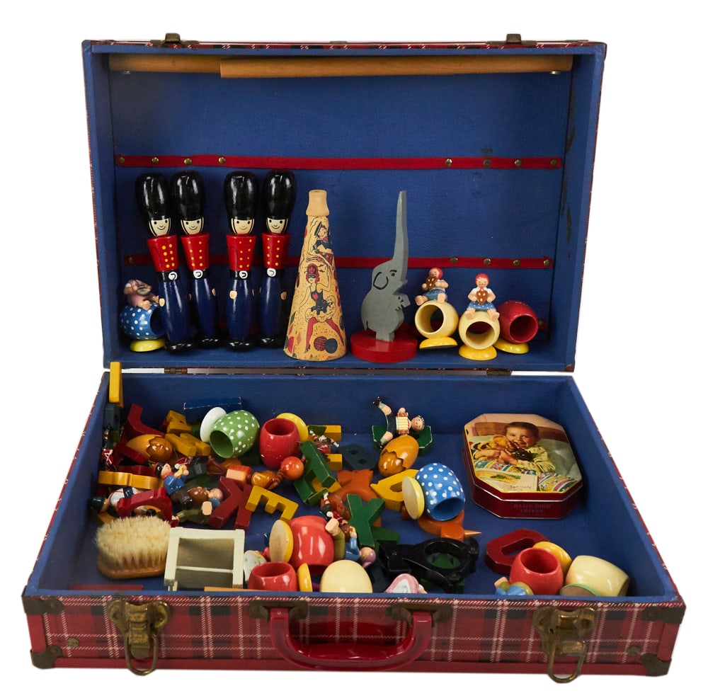 Royalshire Picnic-Aire Suitcases Full of Toys: Four Royalshire Picnic-Aire suitcases full of toys, 14" x 20" x 6". Provenance: The Susie Hilfiger Collection.