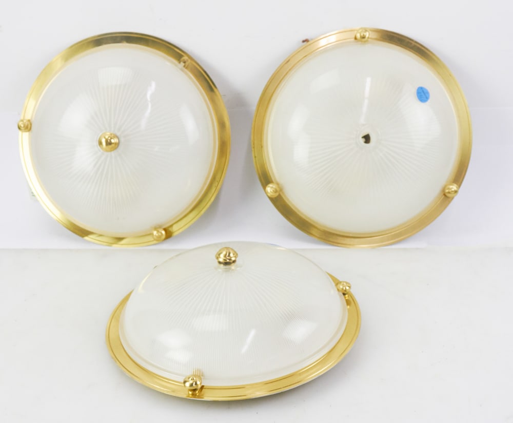 Custom Ceiling Fixtures, Brass and Crystal, Vaughan: Custom ceiling fixtures, brass and crystal, Vaughan, lot of (3), 13 1/2" x 4". Provenance: The Susie Hilfiger Collection.