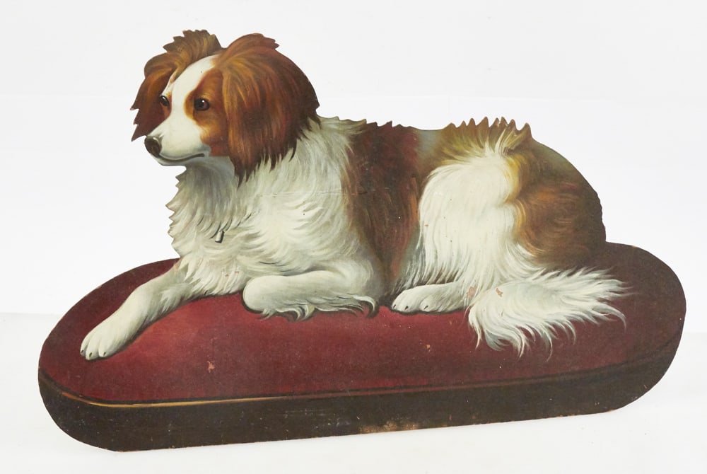 Vintage Spaniel Dog on Pillow, Oil on Board: Vintage Spaniel dog on pillow, oil on board, 13" x 21". Provenance: The Susie Hilfiger Collection.
