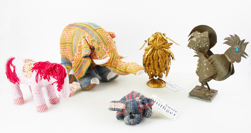 Folk Art Metal Bird and Owl, Cloth Elephant, Toys: Folk Art metal bird, 12", and owl, 10", cloth elephant and toys. Provenance: The Susie Hilfiger Collection.