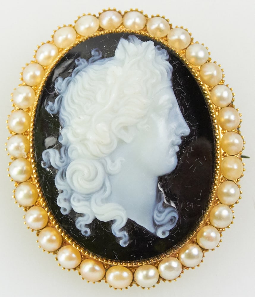 18k Yellow Gold, Cameo and Pearl Brooch (1 of 8)