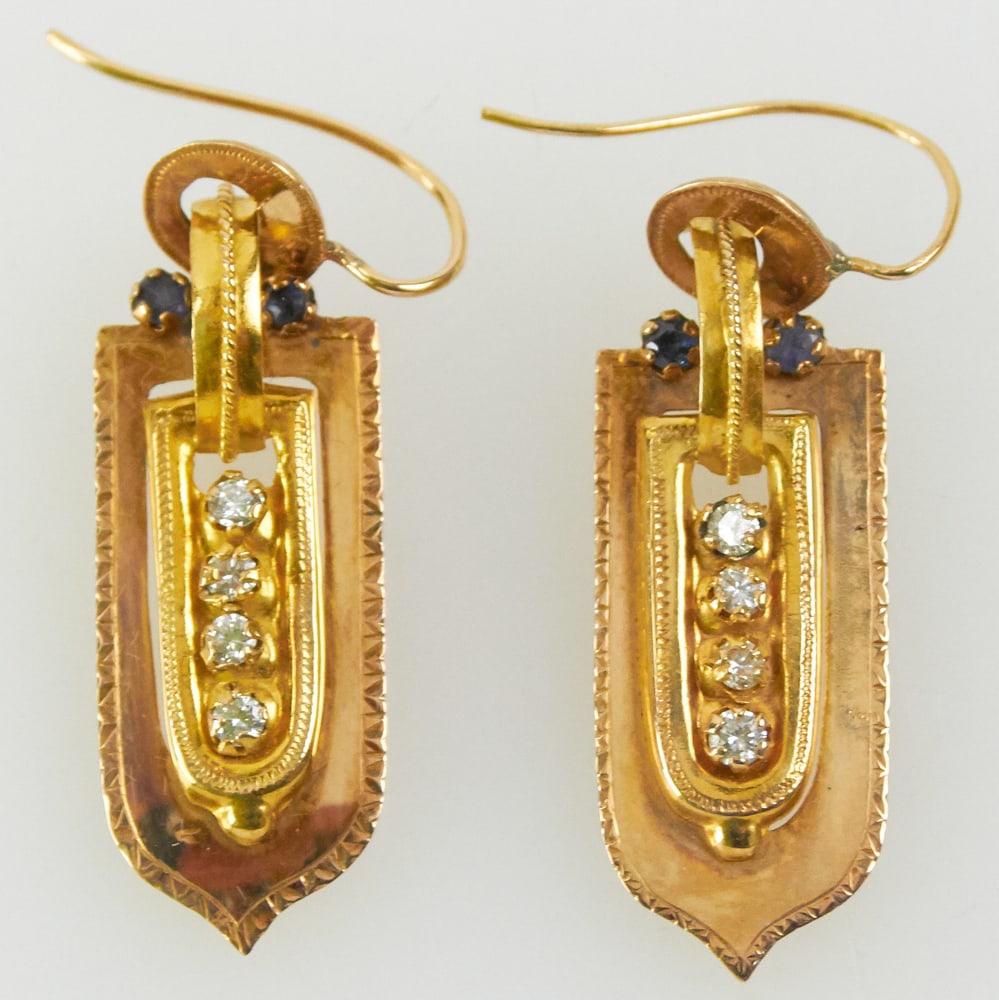 Pair of 14k Yellow Gold and Diamond Earrings: Pair of 14k yellow gold and diamond earrings, 1 5/8" H. Approximately 3.5 grams TW. Provenance: Miami Beach, Florida collection. PLEASE NOTE: payment for silver, gold, jewelry, and coins must be made 