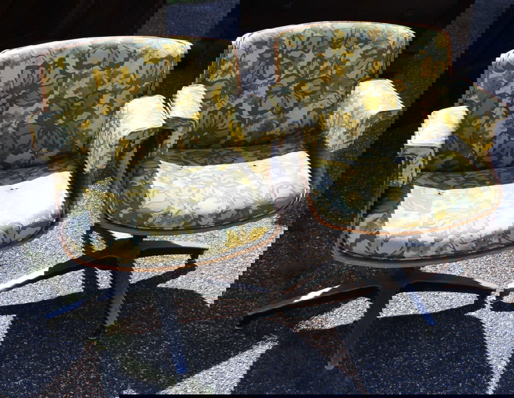 1970s Eames-style Lounge Chairs, Flower Power Fabric: 1970s Eames-style lounge chairs, flower power fabric, 29" H x 21" W. Provenance: Salem, Massachusetts collection.