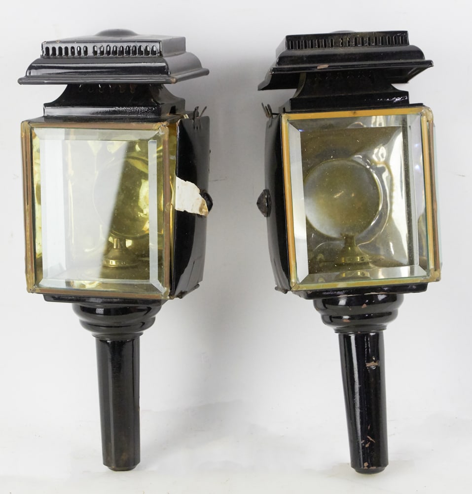Late 19thC Carriage Lamps with Beveled Glass: Pair of late 19th century carriage lamps with beveled glass, 15" x 5". Provenance: Billerica, Massachusetts collection.