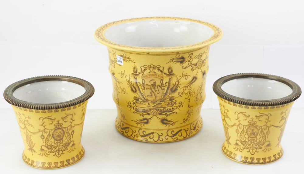 French-style Porcelain Urns, Two with Bronze Mounts: French-style porcelain urns, lot of (3), two having bronze mounts. 11" x 14", 8" x 9". Good condition. Provenance: Palm Beach, Florida estate.