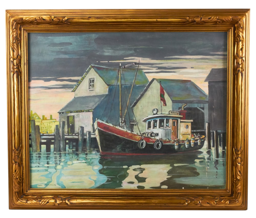 Style of Jane Peterson, Boat in Harbor, Gouache: Style of Jane Peterson (1875-1965), "Boat in Harbor", gouache on board, signed L/L, 23" x 29" (sight), framed 29" x 35". Exhibited at "The Feminine Hand" exhibition at the Zanesville Museum of Art in